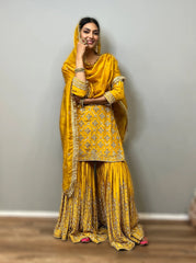Mustard Yellow Crape Sharara Suit