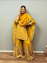 Mustard Yellow Crape Sharara Suit