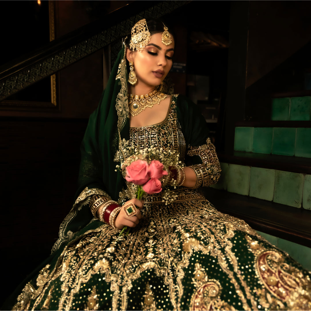 Bottle Green Khadi Silk Lehenga