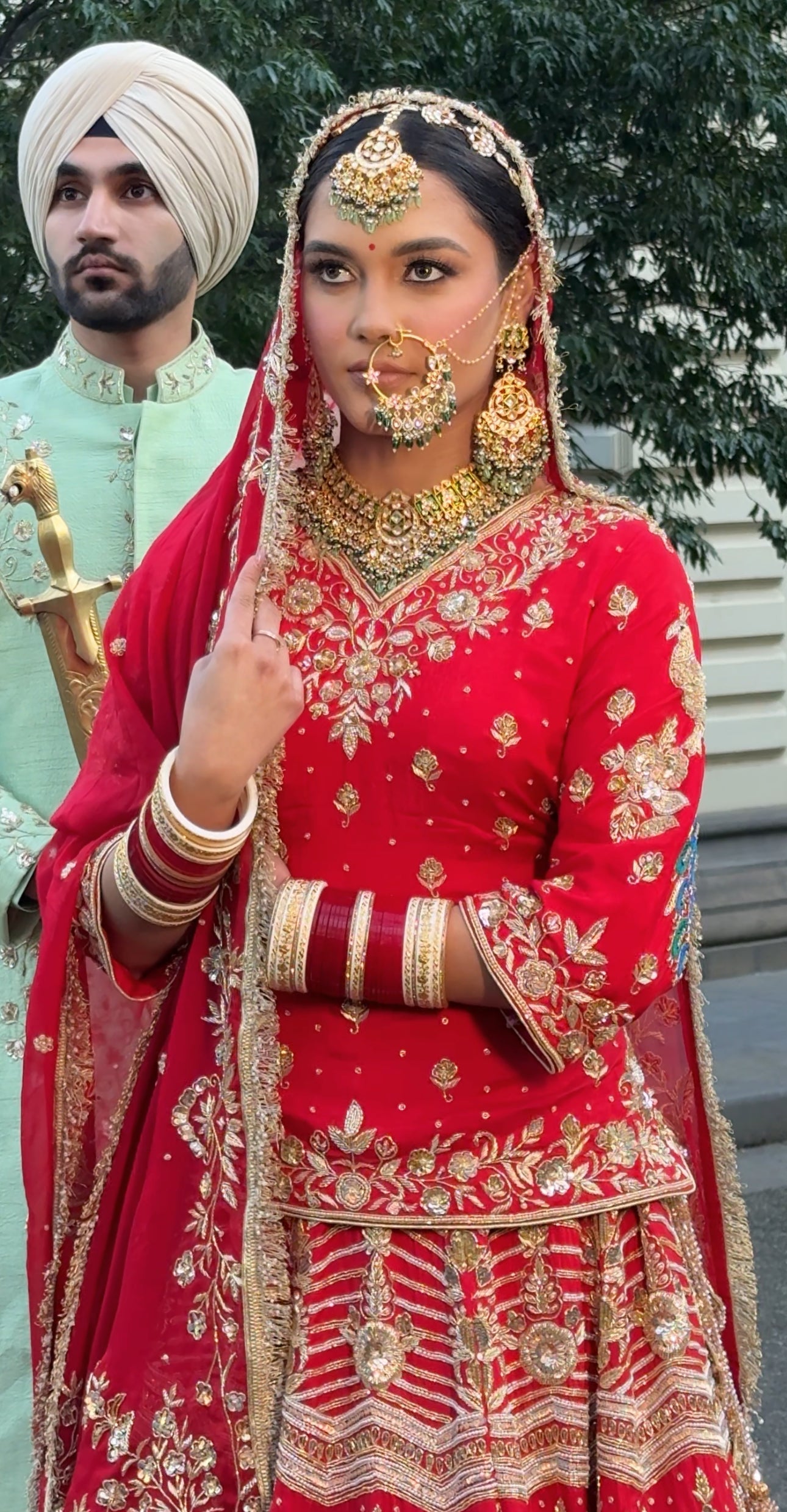 Red Kurti Lengha with Peacock Design
