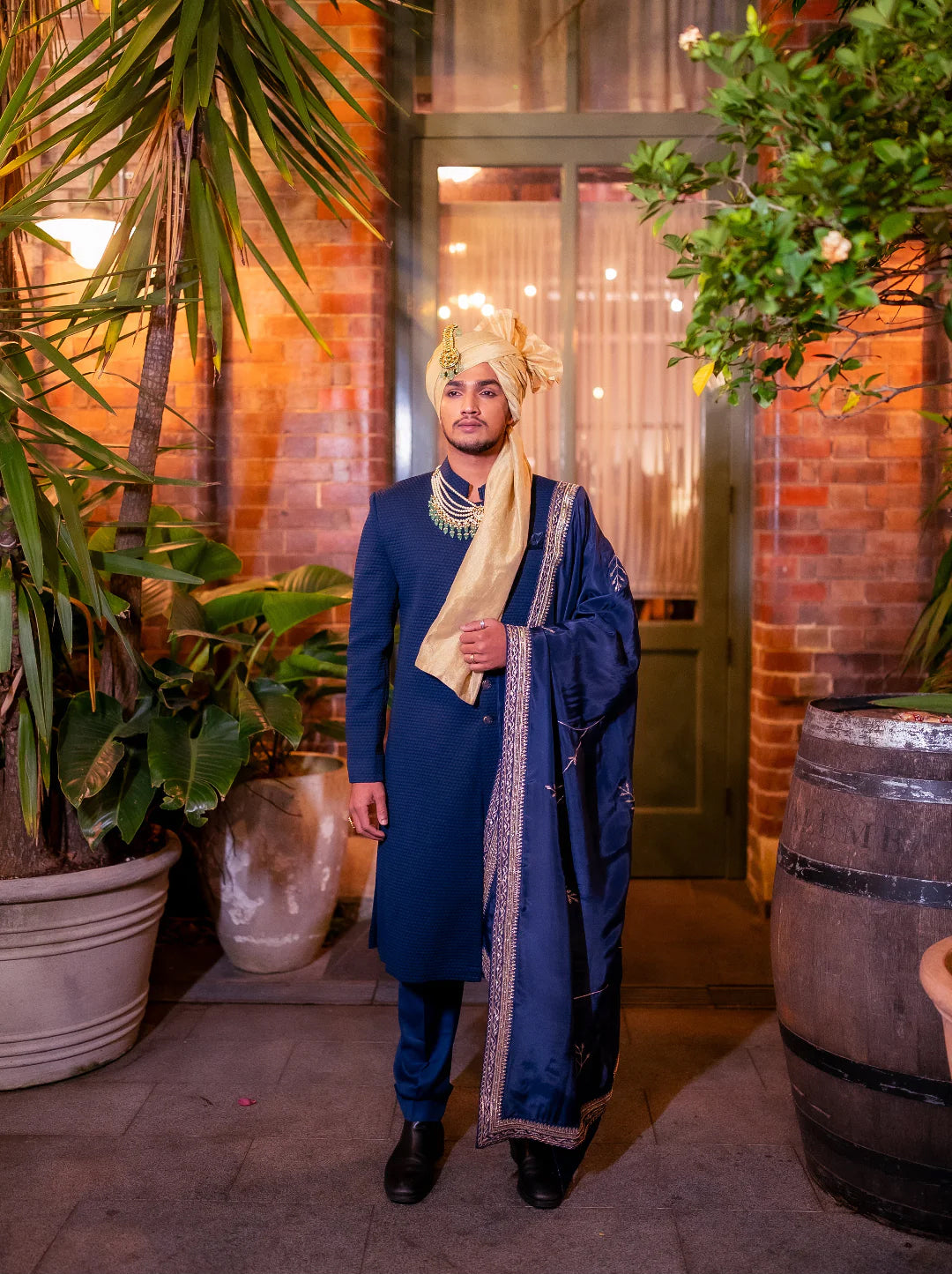 Navy Blue Quilted Silk Sherwani