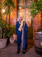 Navy Blue Quilted Silk Sherwani
