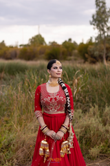 Red Crepe Lengha with Tabi Silk Dupatta