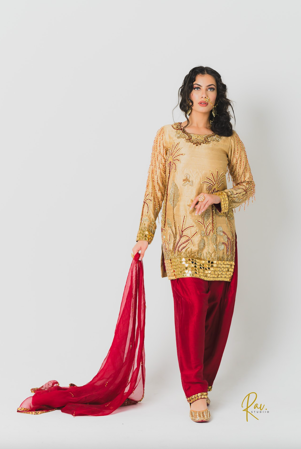 Golden Khadi Silk Short Shirt Salwaar Suit