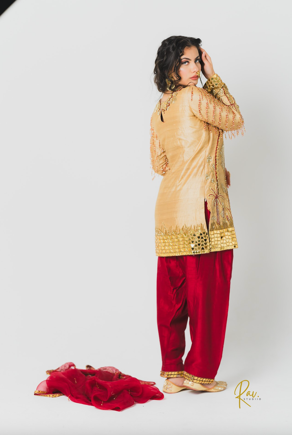 Golden Khadi Silk Short Shirt Salwaar Suit