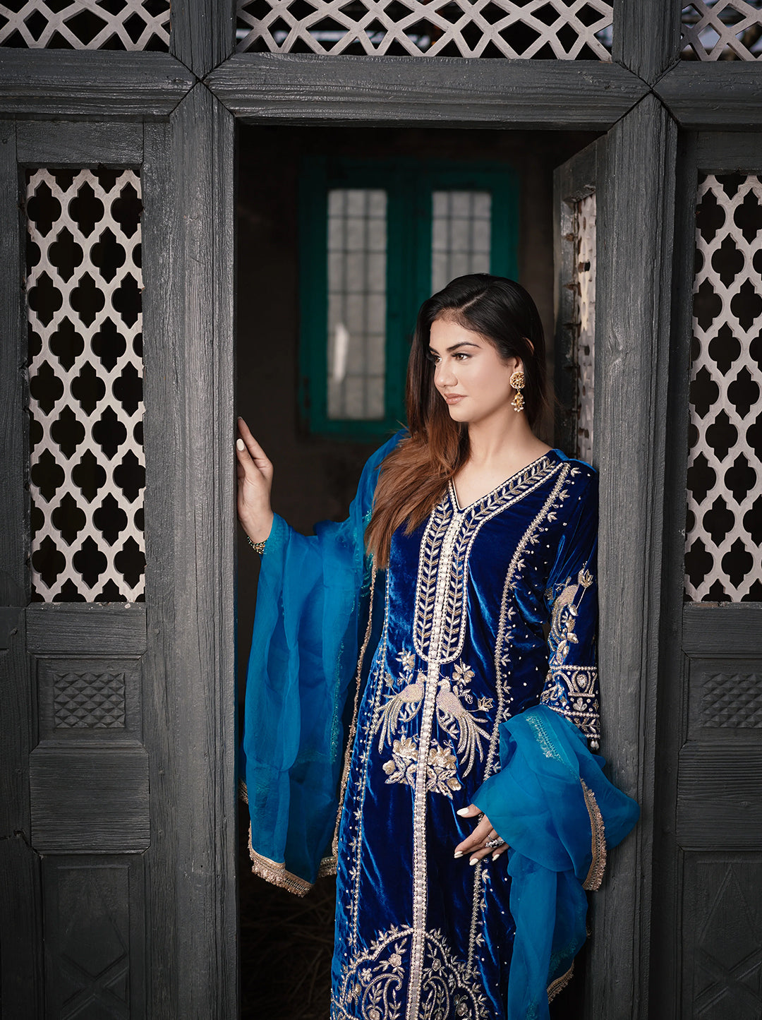 Velvet Peacock Blue Salwar Suit
