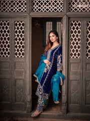 Velvet Peacock Blue Salwar Suit