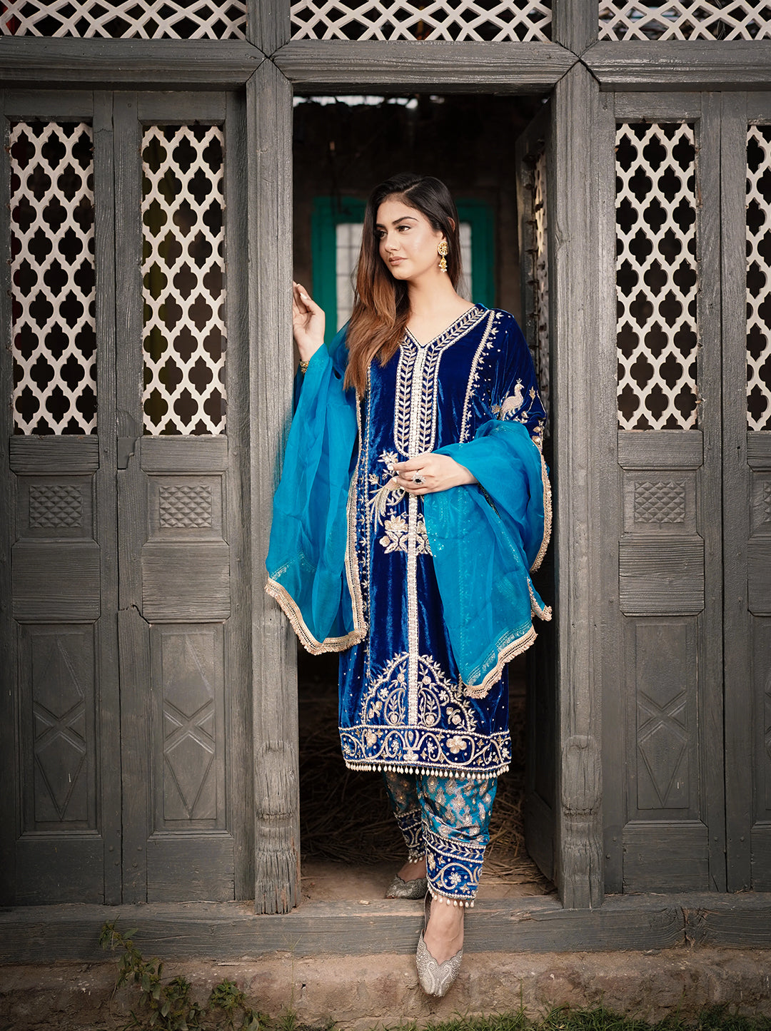 Velvet Peacock Blue Salwar Suit