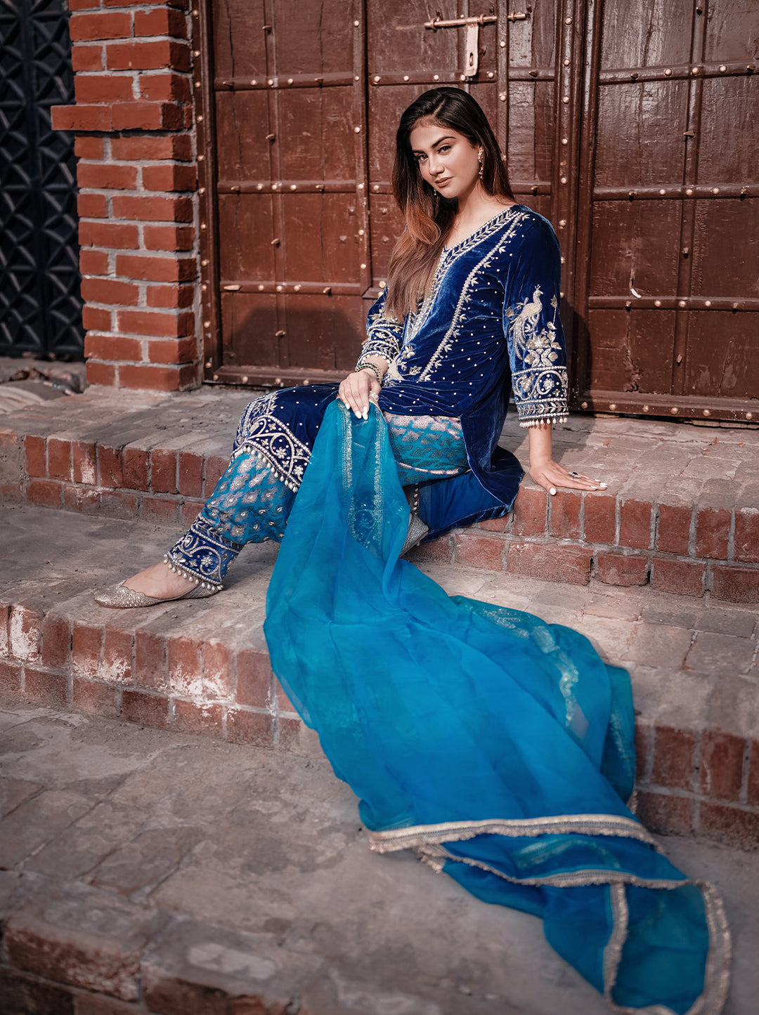 Velvet Peacock Blue Salwar Suit
