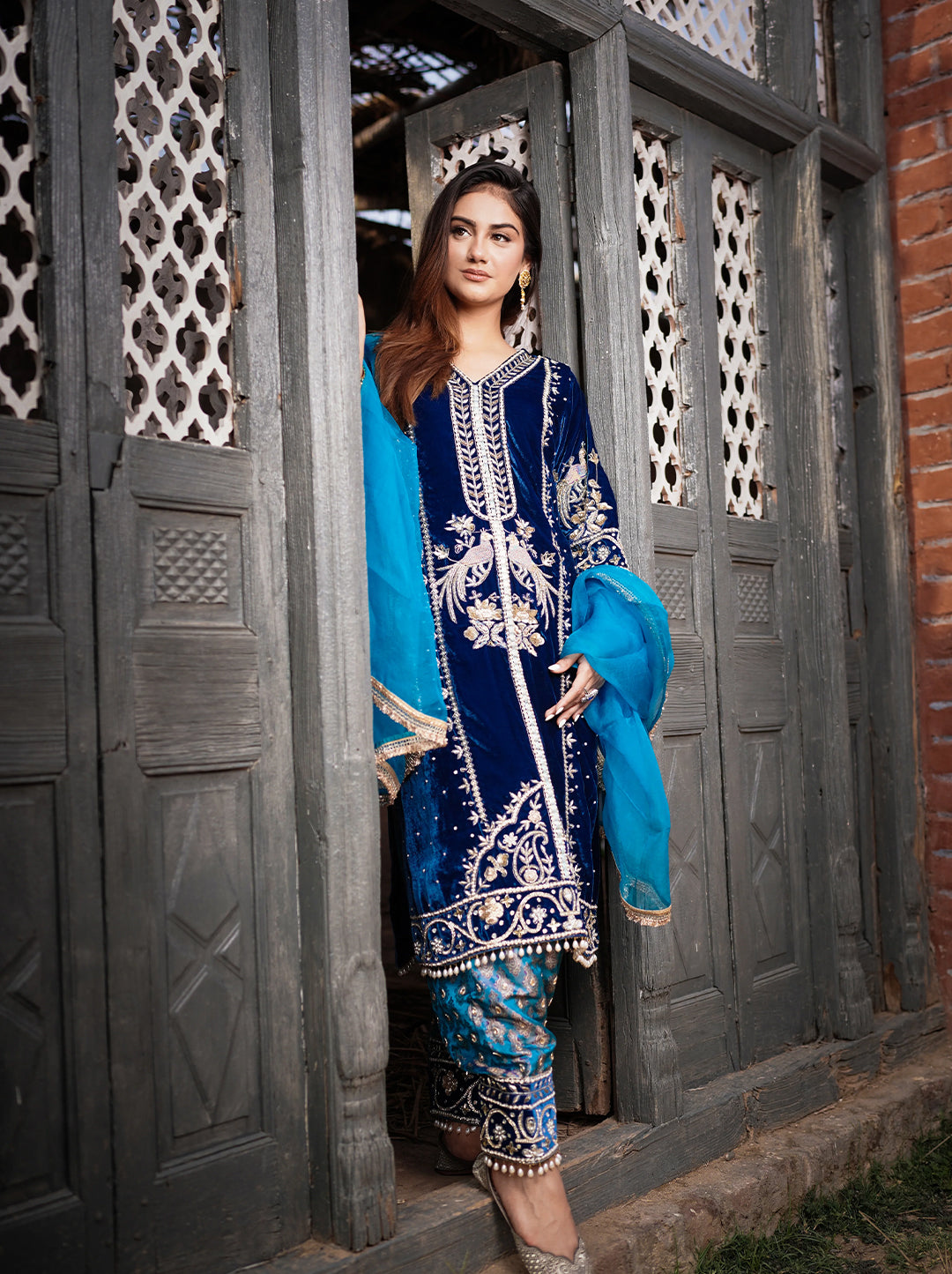 Velvet Peacock Blue Salwar Suit